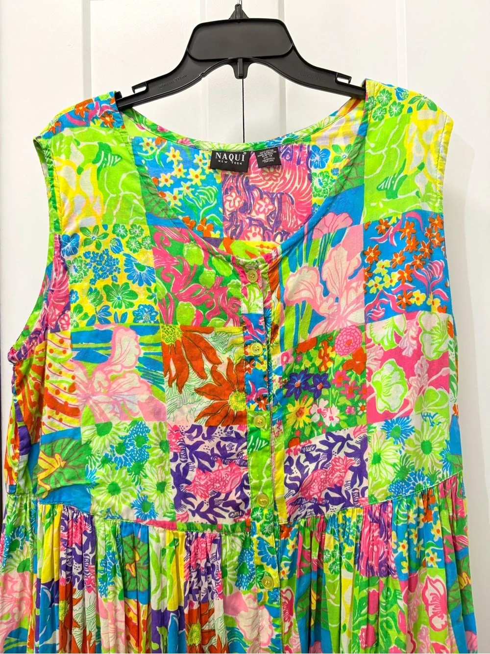 Naqui women’s Bright Floral Patchwork cottage maxi Sundress - Green Multi. 1X
